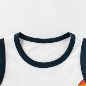 White cotton kids sleeveless tank top with dark blue ribbing and cartoon print