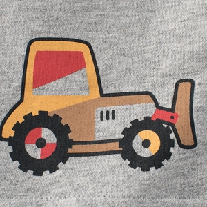 Kids grey knit shorts featuring a colorful cartoon bulldozer print on the front