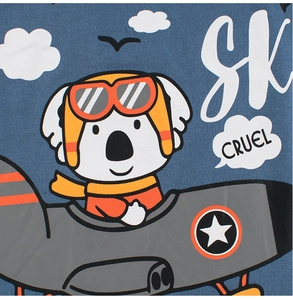 Close-up of koala pilot print on navy blue cotton tank top with plane and star details