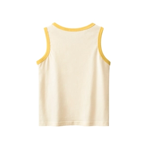 Canotta per bambini in cotone bianco sporco con bordo giallo e stampa sul retro piatta