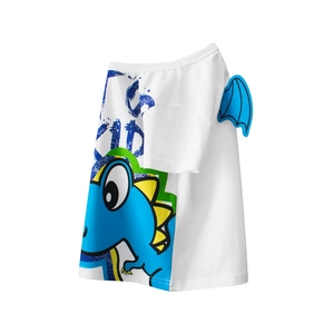 Boys 100% Cotton Cartoon Dinosaur T-Shirt With 3D Wings Short Sleeve Round Neck Summer Casual White Kids Top