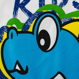 Kids white cotton T-shirt with blue cartoon dinosaur print and artistic KIDS text