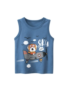 Kids Boys Summer Cotton Sleeveless Tank Top Cartoon Koala Pilot Print Round Neck Casual Sporty Clothes Navy Blue