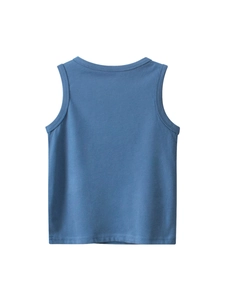 Back view of a gray-blue cotton sleeveless tank top for boys with reinforced edges