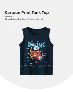 Detail of boys navy cotton tank top featuring a cartoon cat diving print with DIVING text