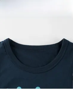 Close-up of crew neckline and double-needle stitching on dark blue cotton kids tank top