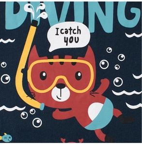 Detail of children's fabric with a cat diving print and text DIVING I catch you
