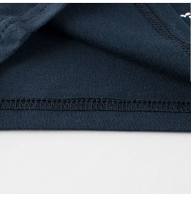 Close-up of double-needle stitching on the hem of a dark blue cotton knit tank top