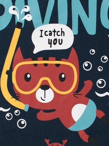 Kids navy cotton tank top with a cute red diving cat print and DIVING text design