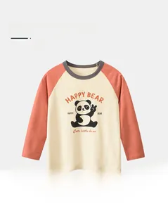 Detail of soft cotton kids long sleeve t-shirt with cute panda and raglan sleeves