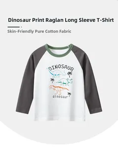 Detail view of cotton raglan long-sleeve T-shirt with colorful dinosaur prints