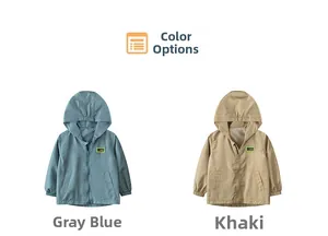 Detail view of khaki and grey-blue hooded zip-up jackets with elastic cuffs for boys
