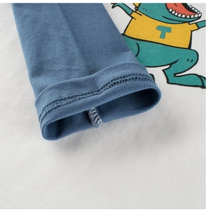 Detailed close-up showing the precise stitching and cotton fabric of the boy's dinosaur shirt