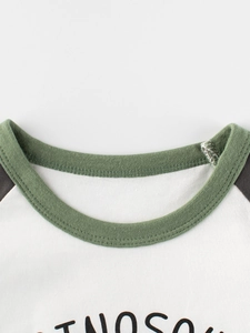 Kids long sleeve raglan T-shirt with dinosaur print and ribbed crew neck in green and white