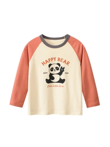 Boys Cotton Long Sleeve T-Shirt Raglan Top Cartoon Panda Print Crew Neck Color Block Soft Casual Autumn Apparel