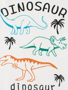 Kids long sleeve white cotton T-shirt featuring colorful hand-drawn dinosaur prints