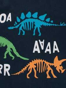 Langärmliges Jungen-T-Shirt in Dunkelblau mit bunten Dinosaurierskelett-Prints und Motiven
