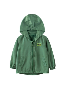 Olive green hooded windbreaker for boys with full-zip closure and elastic cuffs