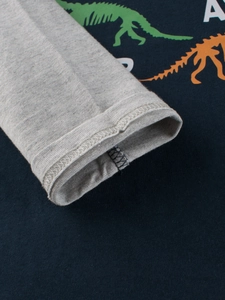 Dunkelblaues Langarmshirt für Jungen mit Dino-Print und grauen Kontrastärmeln