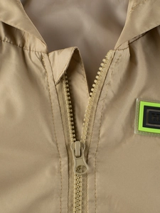 Boys khaki hooded jacket with resin zipper and neon green H logo patch detail