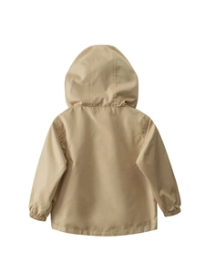 Back view of boys windproof hooded jacket in khaki with elastic cuffs and smooth fabric