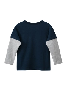 Jungen Langarmshirt im Fake-Zweiteiler-Design aus marineblauer Baumwolle mit Dinosaurier