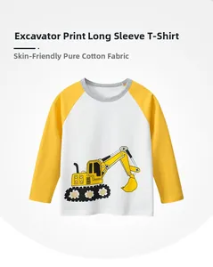 Detail of soft cotton kids long sleeve tee with excavator print and raglan sleeves
