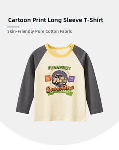 Detail of soft cotton kids long sleeve t-shirt with funny cartoon off-road car print