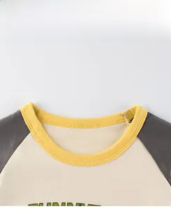Close-up of kids raglan T-shirt with yellow ribbed neckline and contrast grey sleeves