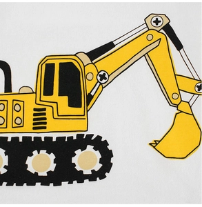 Close-up of a yellow excavator cartoon print on white soft cotton fabric for kids