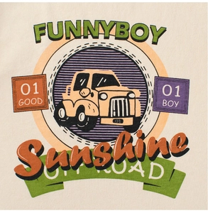 Detail of vintage off-road car print on beige cotton t-shirt with SUNSHINE text