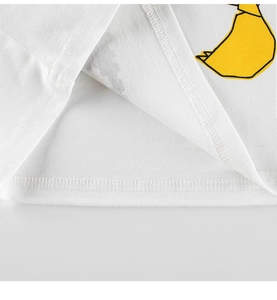 Close-up of double-stitched hem and fabric texture of white cotton long sleeve kids t-shirt