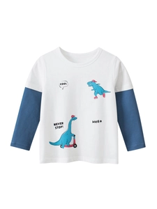 T-Shirt Manches Longues 100% Coton Pour Garçons Design Multicouche Col Rond Imprimé Graphique Dinosaure Dessin Animé