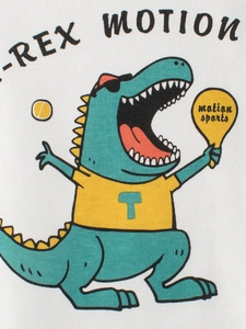 White cotton long sleeve T-shirt for boys with a T-Rex motion tennis cartoon print