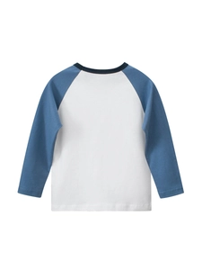 Classic kids white cotton long sleeve T-shirt with contrasting blue raglan sleeves