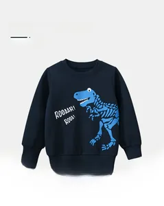 Detail of fleece-lined cotton blend fabric and cartoon dinosaur bone print on navy sweatshirt