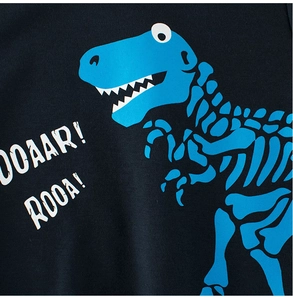 Close-up of dinosaur skeleton print on navy blue kids sweatshirt with Roaar text detail