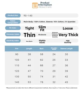 Size chart for kids dinosaur cotton long sleeve tee with detailed clothing measurements