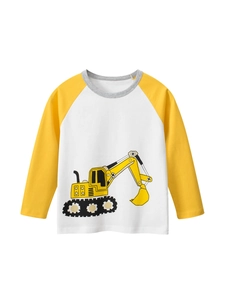 Boys Long Sleeve T-Shirt Cotton Cartoon Excavator Print Raglan Color Block Crew Neck Toddler Tops Casual