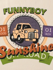 Kids long sleeve cotton T-shirt featuring a cartoon yellow off-road jeep graphic print