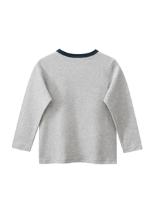 T-shirt classique à manches longues en coton gris pour garçon avec col rond bleu marine