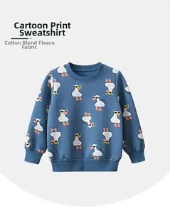 Detail of navy blue fleece sweatshirt with all-over cartoon white duck print for kids