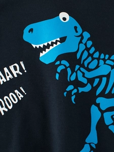 Navy blue kids sweatshirt with bright blue dinosaur skeleton print and roaring text