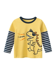 T-shirt À Manches Longues Pour Garçons Fausse Deux Pièces Rayé Coton Dessin Animé Dinosaure Imprimé Haut Décontracté Enfants Col Rond