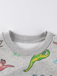 Sudadera gris para niños con estampado de dinosaurios, forro polar cálido y cuello redondo