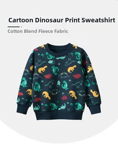 Detail of navy blue kids dinosaur sweatshirt made of warm cotton blend fleece fabric