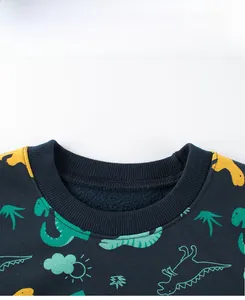 Close-up of ribbed neckline and warm fleece lining on dark blue dinosaur sweatshirt