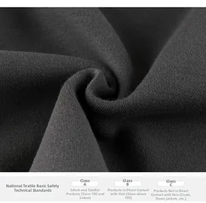 Detailed view of dark grey knit fabric texture with textile safety standard classification
