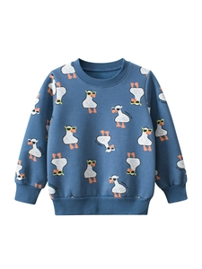 Boys Casual Fleece Lined Sweatshirt Full Print Cartoon Duck Sunglasses Pattern Cotton Blend Warm Round Neck Long Sleeve Top