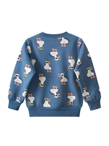 Blue crewneck sweatshirt for kids featuring cartoon goose prints with ribbed cuffs